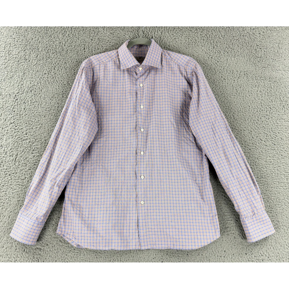 Canali Dress Shirt Mens 16 41 Blue Orange Plaid Check Long Sleeve Italy Cotton